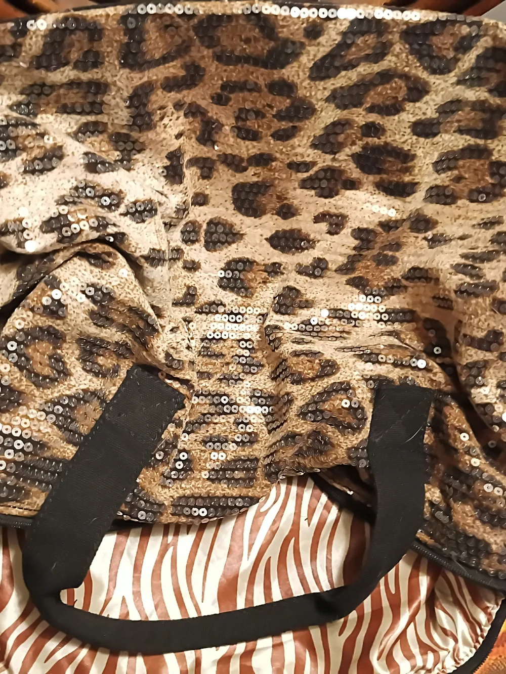 Sequined Leopard Print Tote Bag with Black Handles
